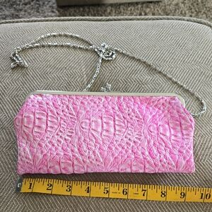 Pink Crocodile Pattern Clutch with Silver Chain
